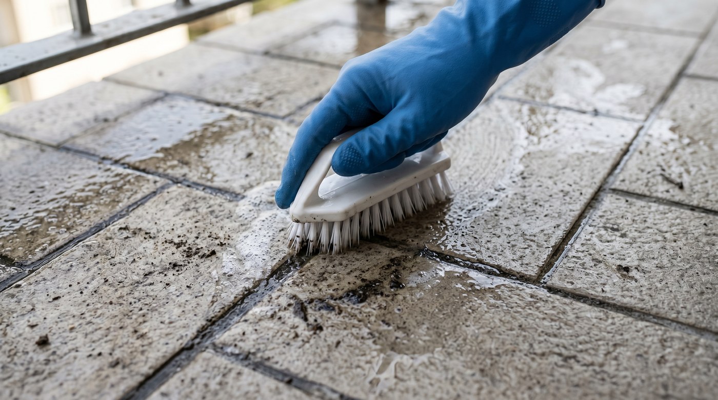Hand cleaning tile joints on a compact terrace