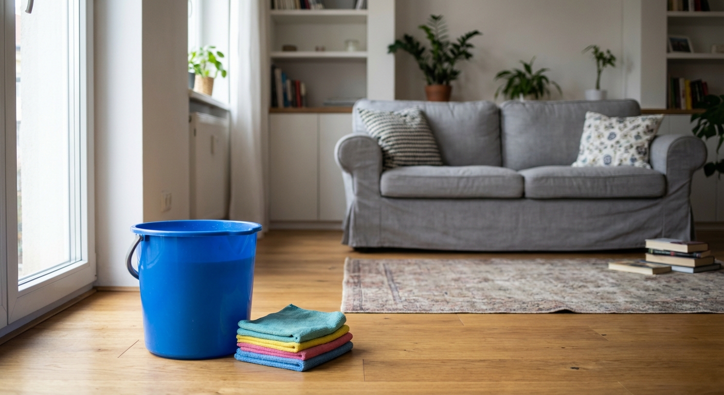 Spring cleaning in apartment - living room with tools