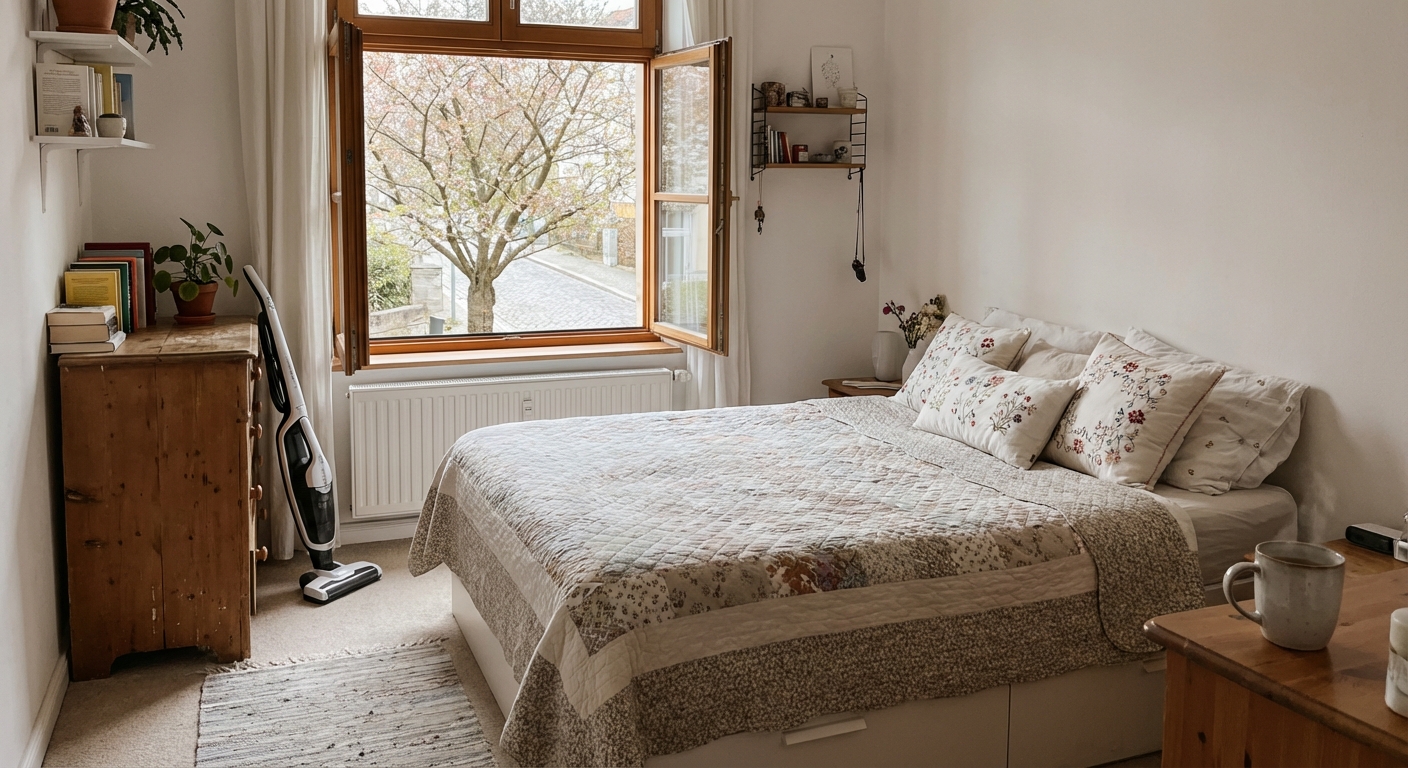 Tidy bedroom with vacuum cleaner