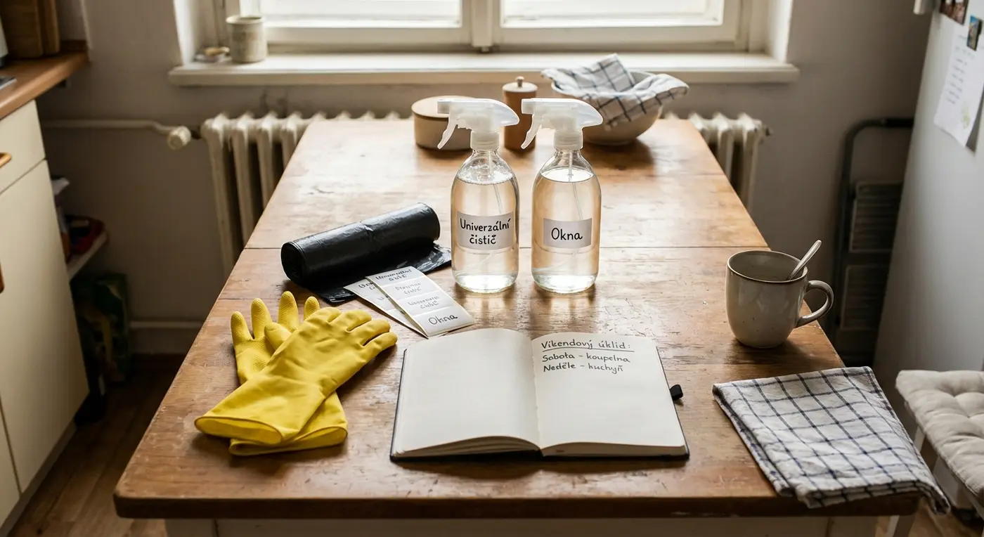 Cleaning supplies and plan on the table