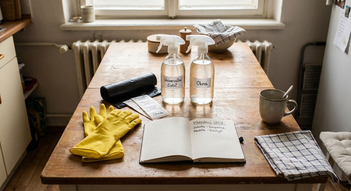 Cleaning supplies and plan on the table