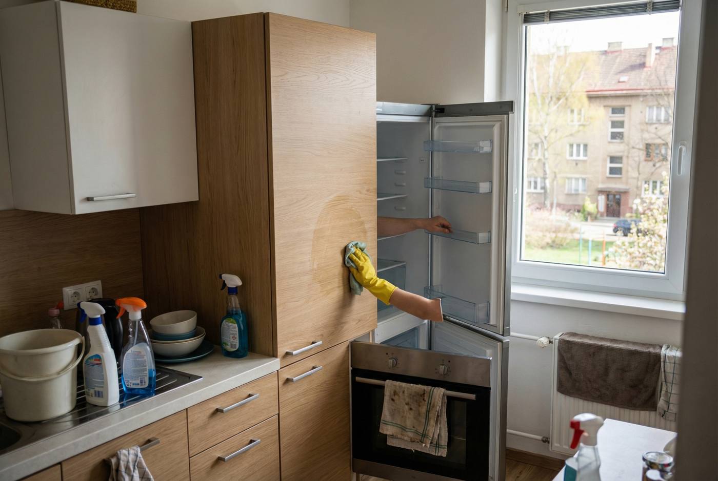 Spring cleaning detail in a Czech apartment kitchen: wiping cabinet fronts and resetting a fridge shelf.
