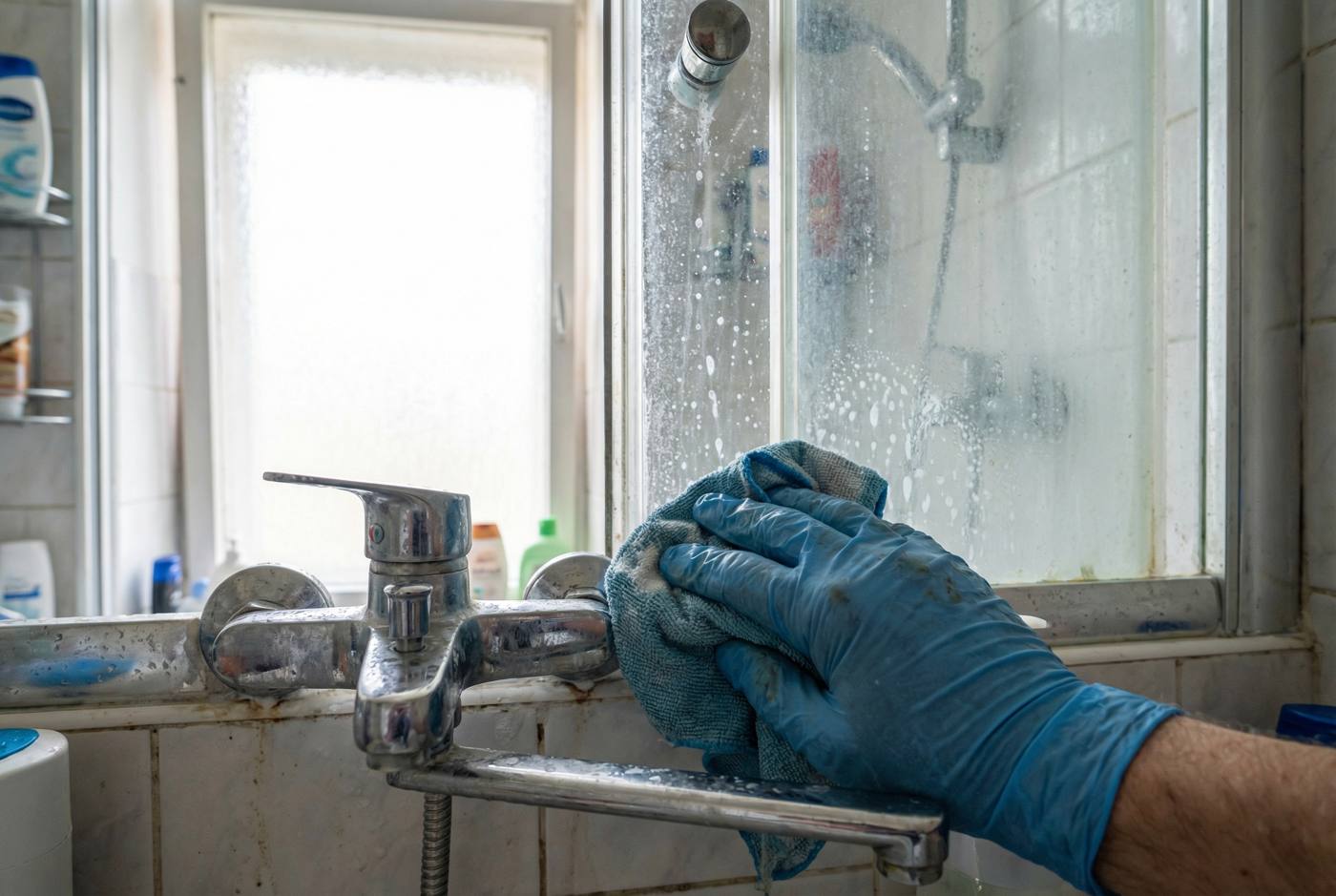 Descaling shower glass and a tap in a compact apartment bathroom during spring cleaning.