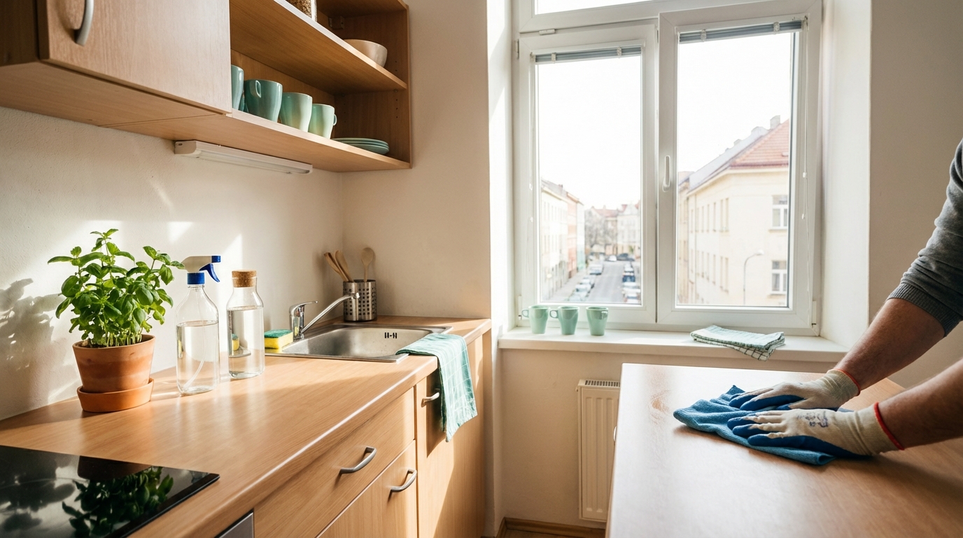Spring cleaning in a small apartment kitchen with realistic degreasing and wiping
