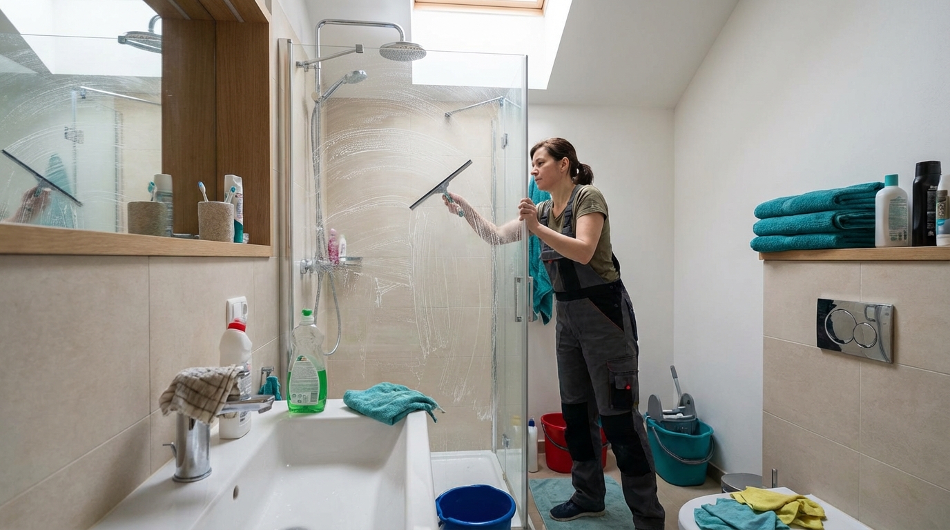Deep cleaning a bathroom shower area and removing limescale from glass and fixtures