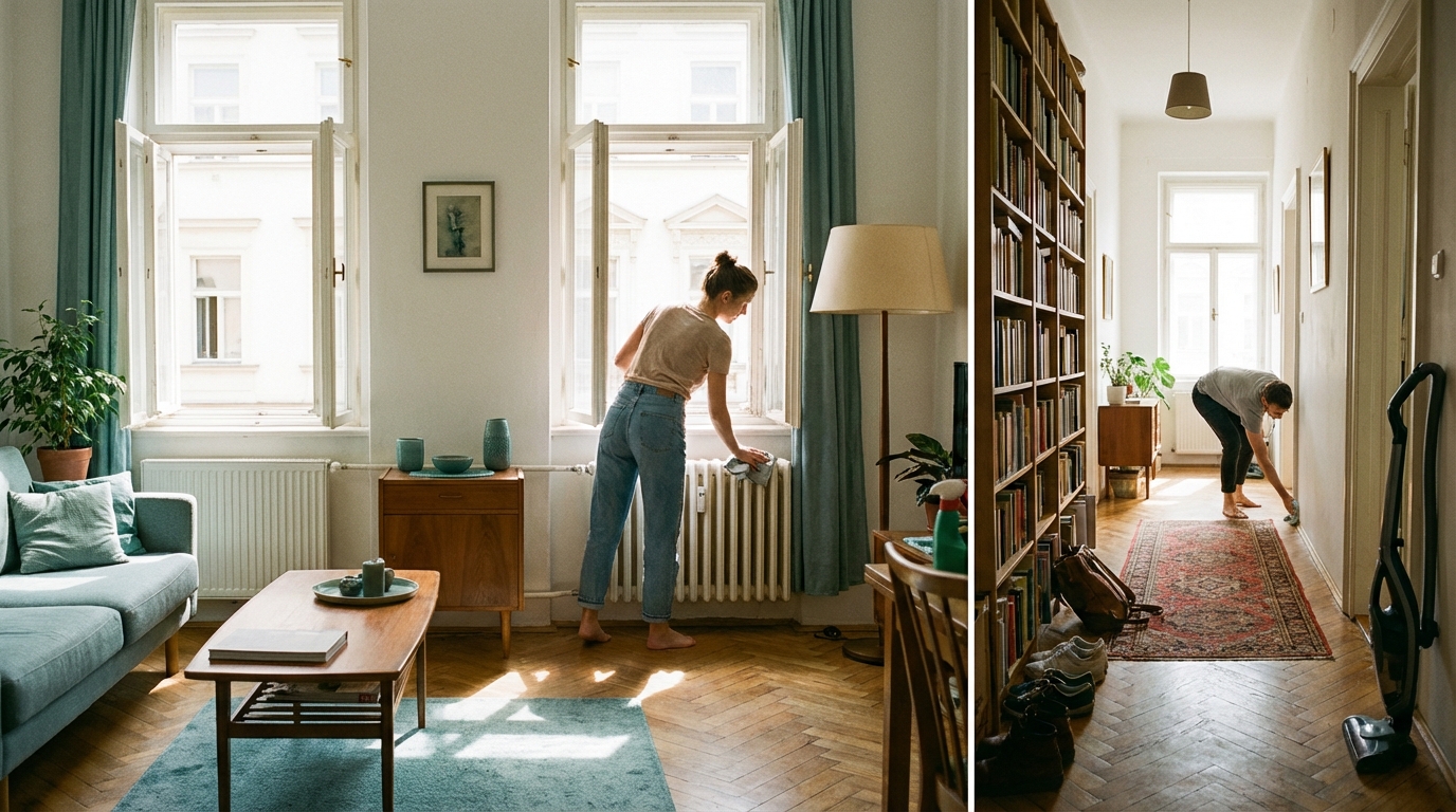 Living room and hallway spring cleaning focused on dusting baseboards, lamp and radiator