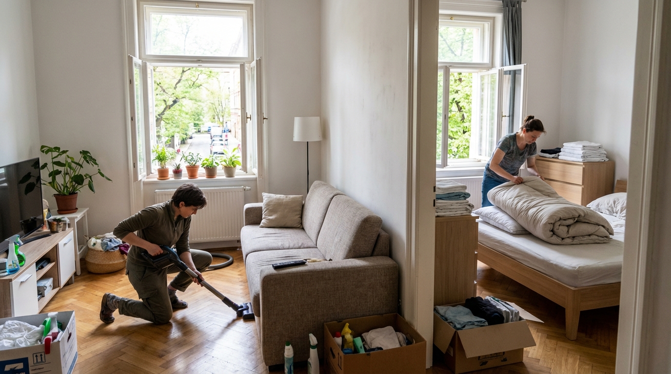 Vacuuming under a sofa and handling bedroom textiles during spring cleaning in a bright apartment.