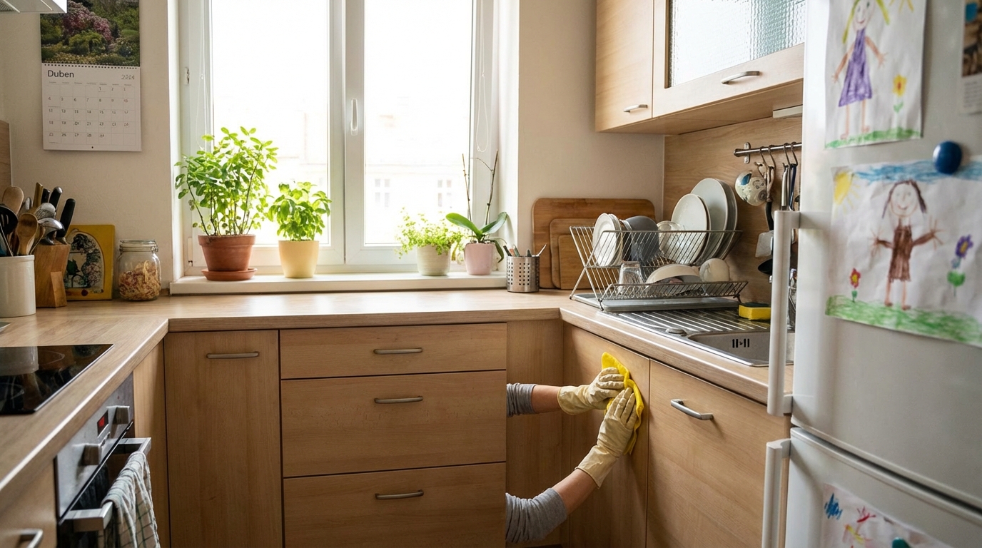 Spring cleaning in a Czech apartment kitchen with cabinet fronts and counters being wiped clean.