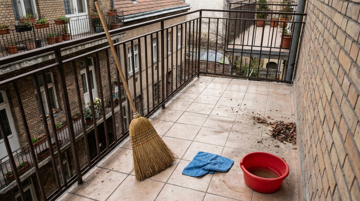 Koště, hadřík a malý kýbl připravené na šetrný jarní úklid balkonové dlažby.