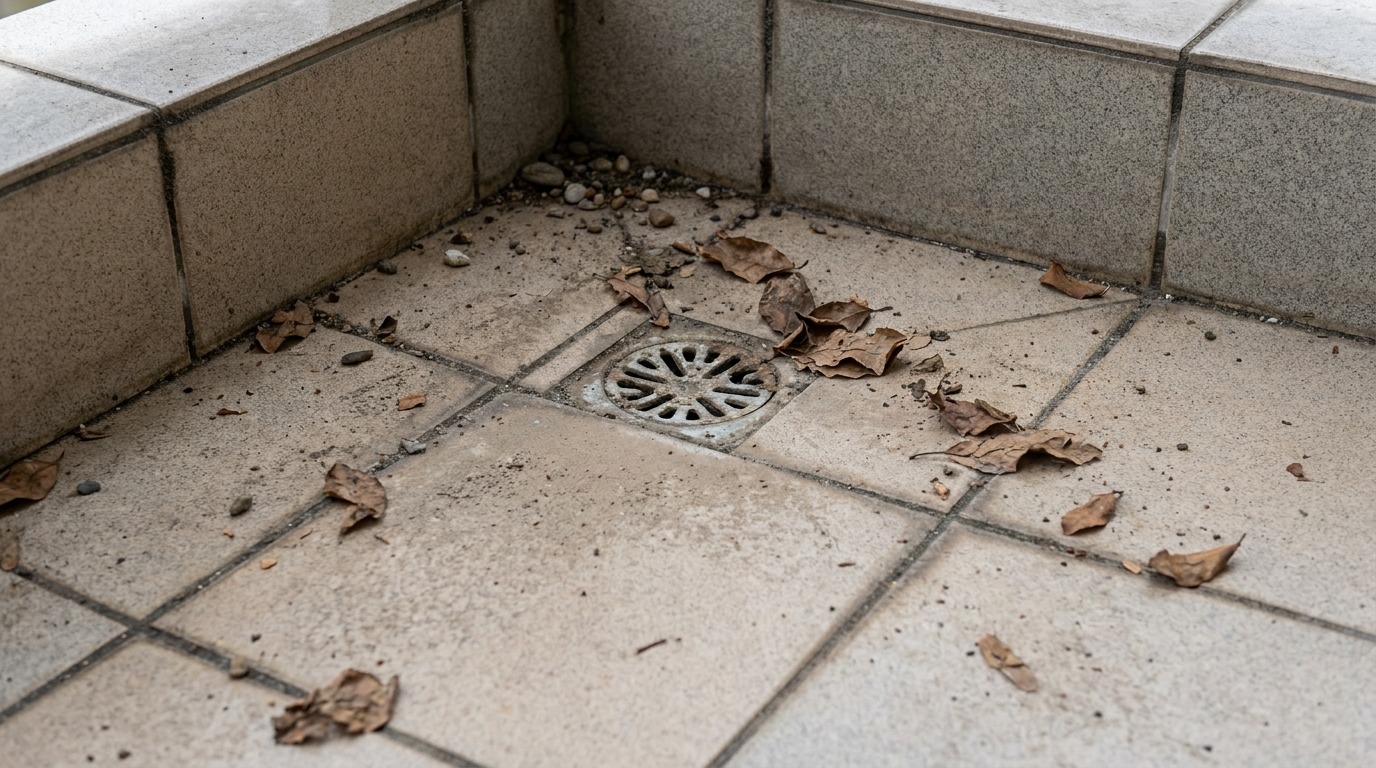 Detail balkonového odtoku s listím a nečistotami mezi spárami dlažby před mytím.