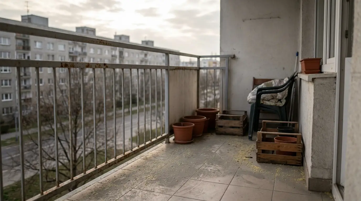 Balcony cleaning after winter in Prague Městský balkon v bytovém domě s dlažbou a zábradlím před jarním úklidem po zimě