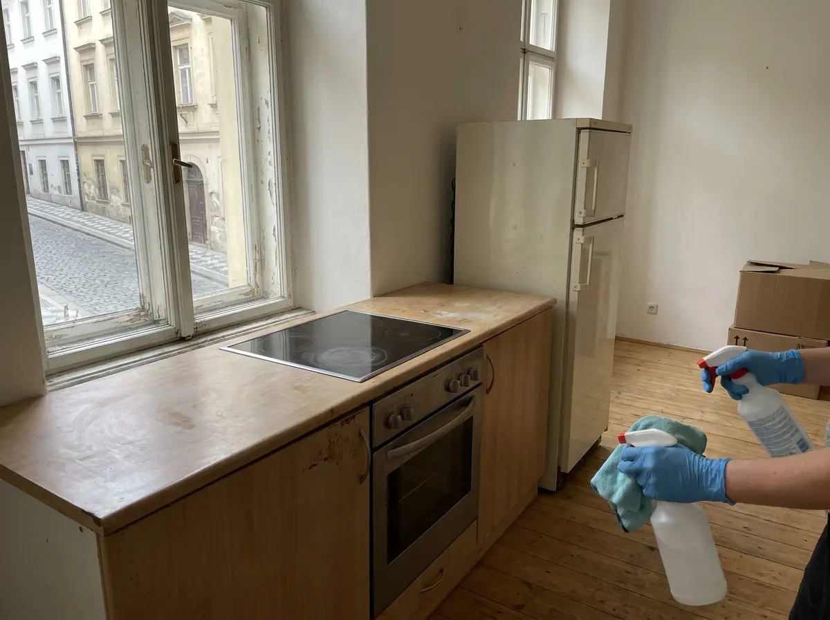 Detail čištění kuchyňské pracovní desky a spotřebičů v prázdném bytě před nastěhováním.