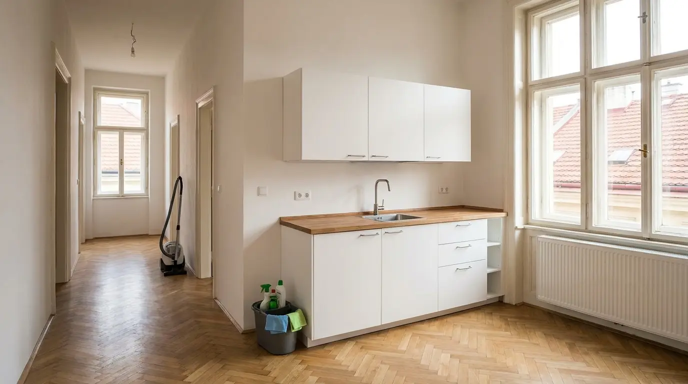 Cleaning Apartment Before Moving In: What to Clean Before the First Boxes Arrive Světlý prázdný byt připravený na úklid před nastěhováním