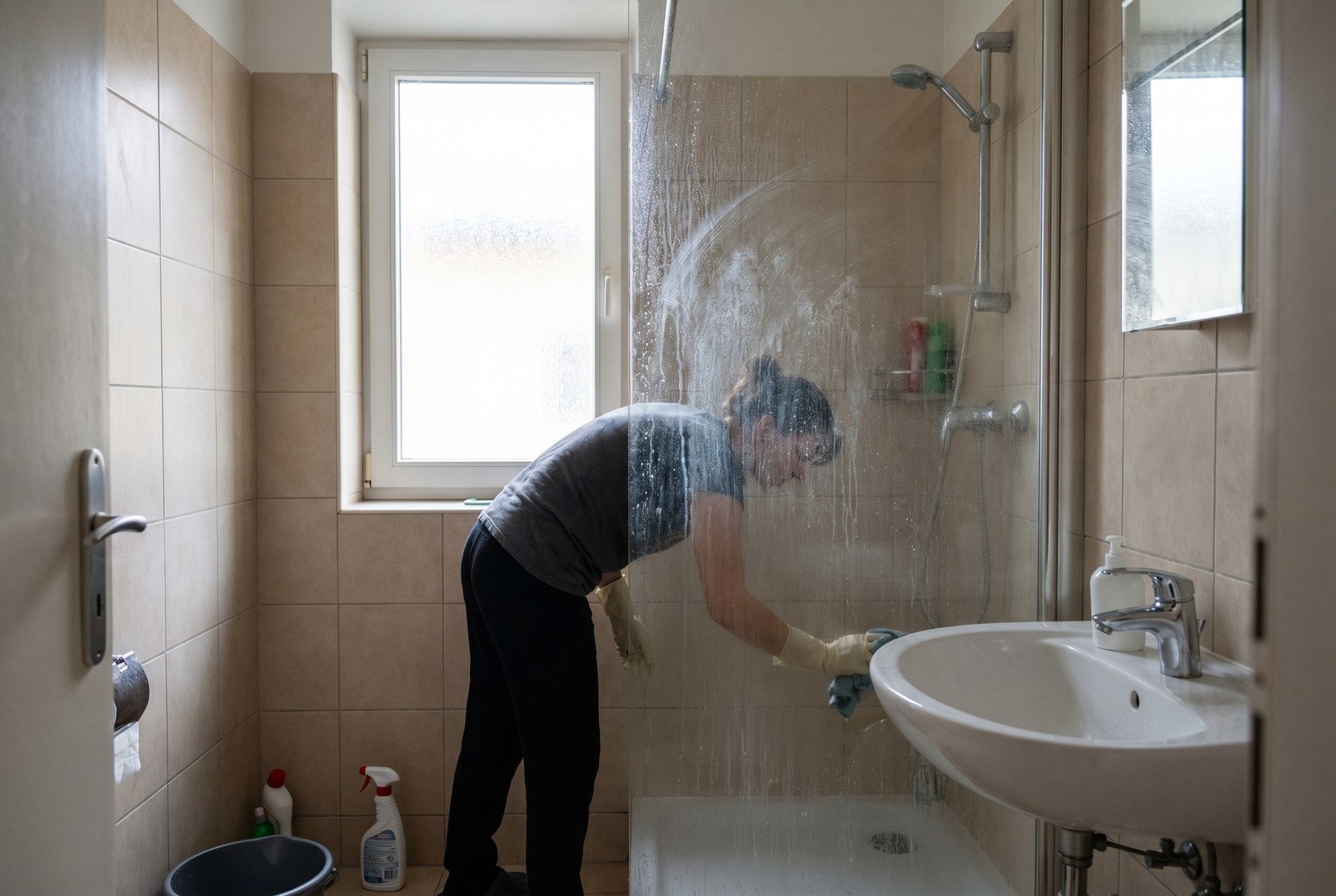 Odstraňování vodního kamene v koupelně před předáním nájemního bytu