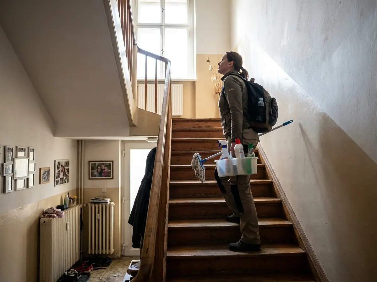 Uklízečka přechází mezi patry rodinného domu, kde úklid znamená víc přesunů než v bytě