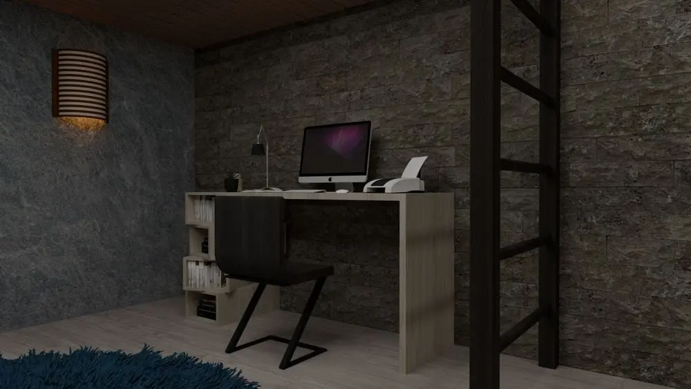 Malá kancelář s pracovním stolem a monitorem v tlumeném večerním světle.