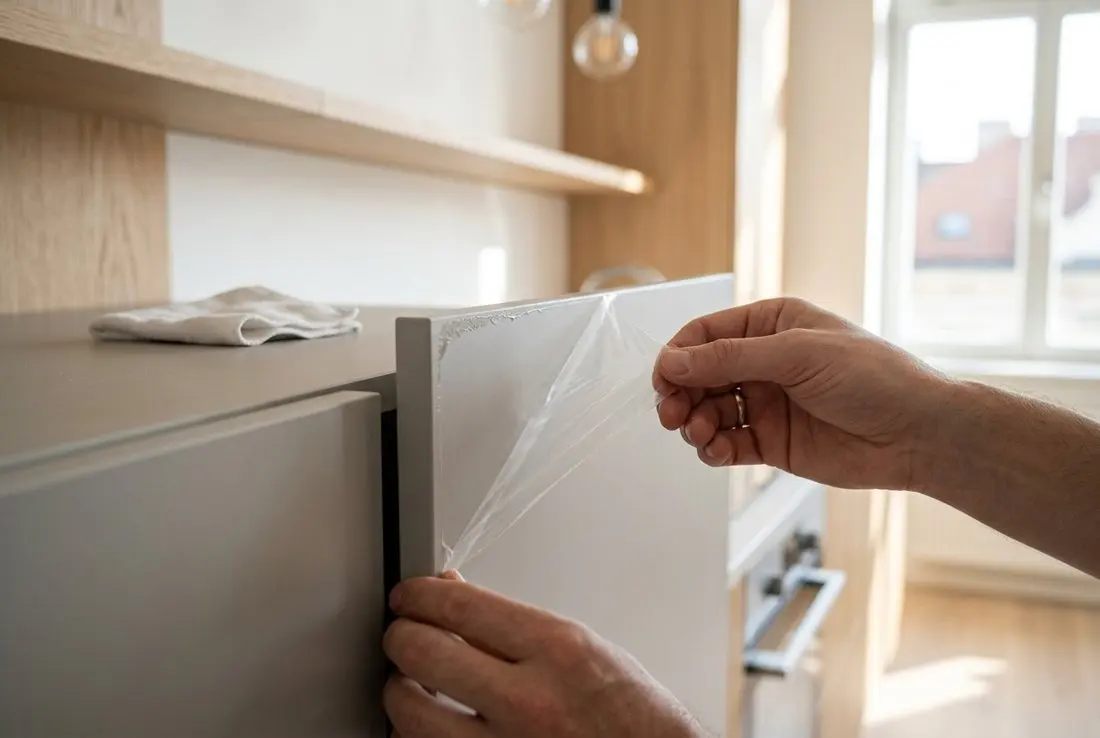 Ruce opatrně odlepují průhlednou ochrannou fólii z nového matného povrchu.