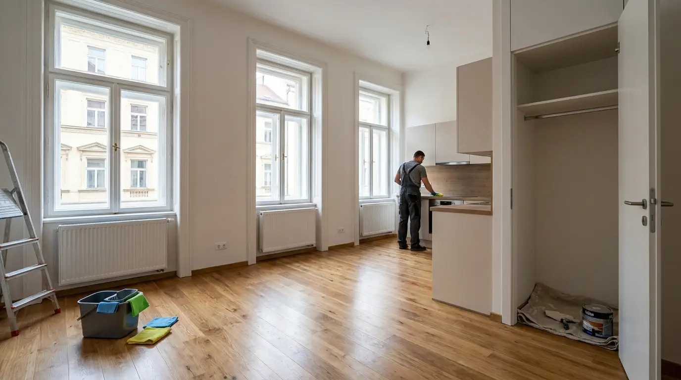 Post renovation cleaning: how to remove fine construction dust Světlý byt po rekonstrukci připravený na finální odstranění jemného stavebního prachu.