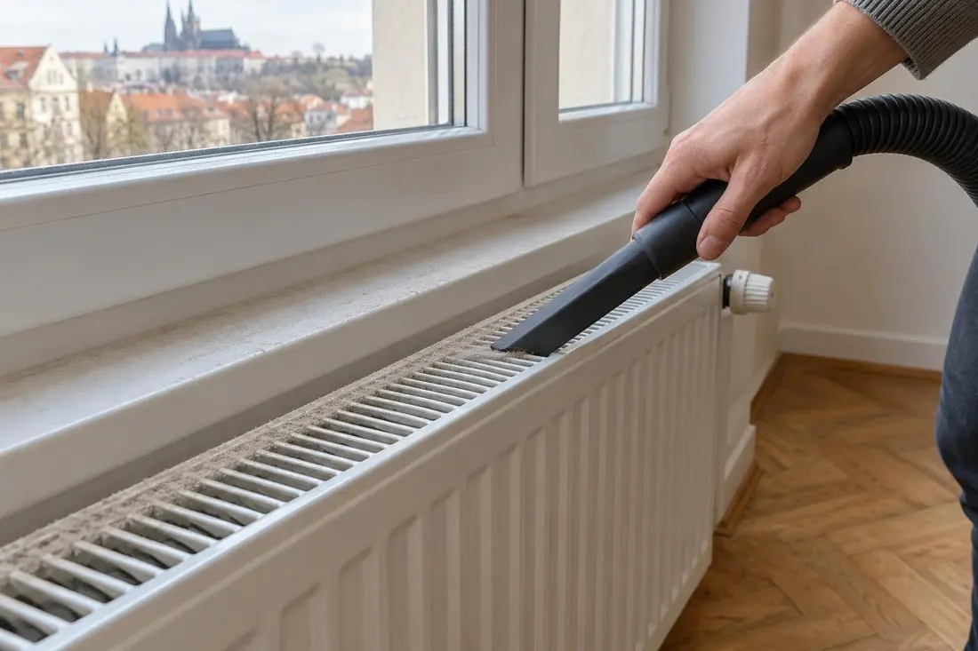 Úzká hubice vysavače odstraňuje jemný stavební prach ze štěrbin radiátoru pod novým oknem.