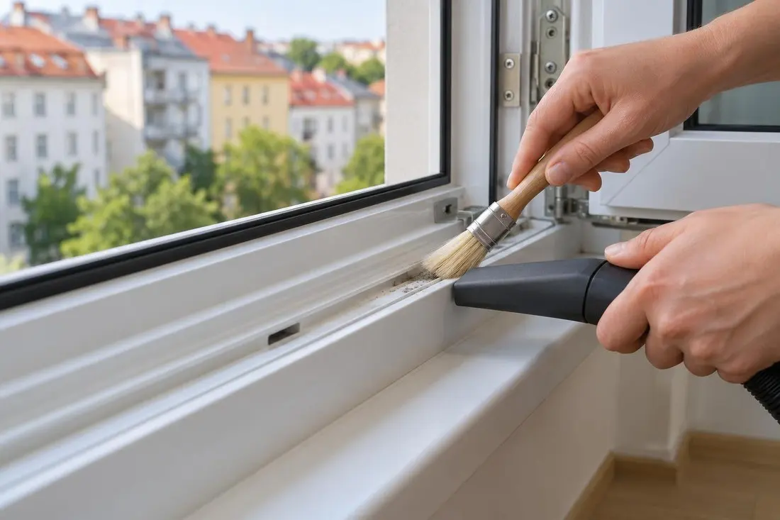 Jemný štětec a úzká hubice šetrně odstraňují prach z drážky nového plastového okenního rámu.