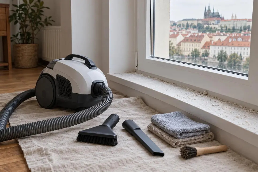 U nového okna jsou na ochranné podložce připravené HEPA vysavač, měkké hubice, mikrovlákno a jemný štětec.