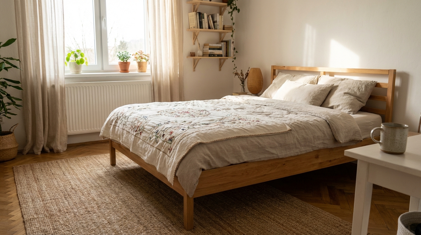 Cleaning for allergy sufferers: less dust at home Světlá a uklizená ložnice s jemným ranním světlem a klidnou domácí atmosférou