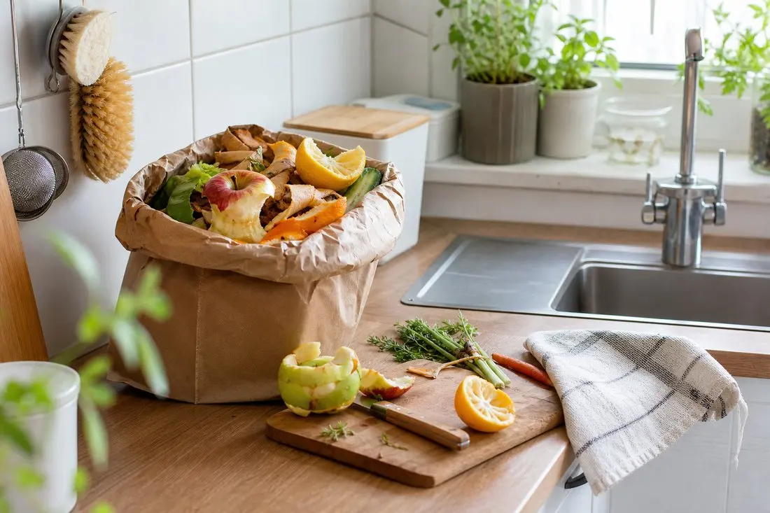 Nádoba na bioodpad se slupkami od ovoce, která v létě láká ovocné mušky rychleji než v zimě.